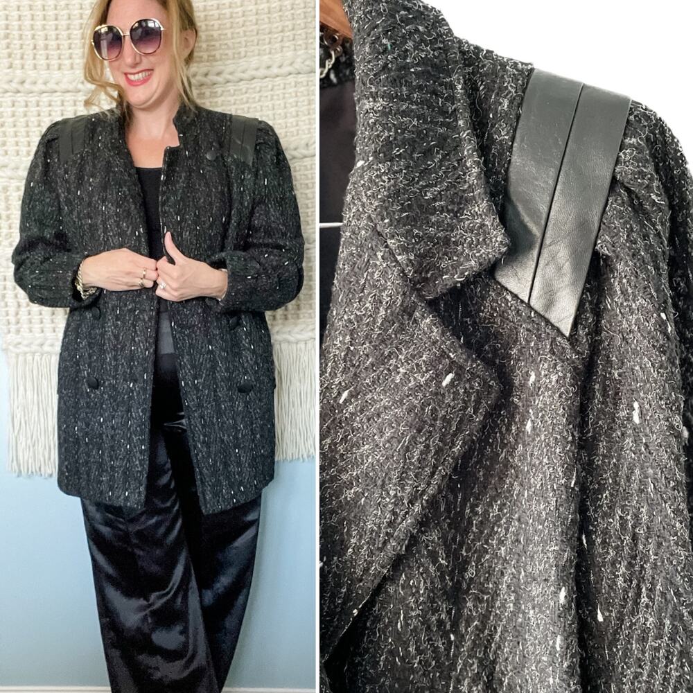 Vintage 80s marled wool double breasted pea coat leather shoulders size medium M - Picture 6 of 10